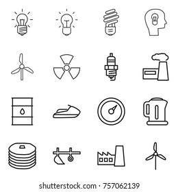 Thin line icon set : bulb, head, windmill, nuclear, spark plug, factory, barrel, jet ski, barometer, kettle, pancakes, plow