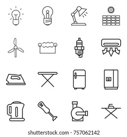 Thin line icon set : bulb, table lamp, sun power, windmill, electrostatic, spark plug, air conditioning, iron, board, fridge, kettle, blender, water pump