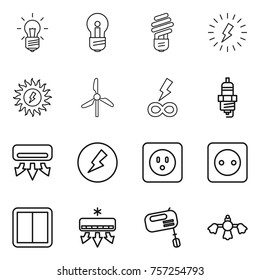Thin line icon set : bulb, lightning, sun power, windmill, infinity, spark plug, air conditioning, electricity, socket, switch, mixer, hard reach place cleaning