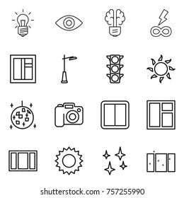 Thin line icon set : bulb, eye, brain, infinity power, window, outdoor light, traffic, sun, disco ball, camera, switch, shining, clean