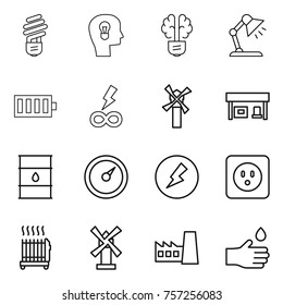 Thin line icon set : bulb, head, brain, table lamp, battery, infinity power, windmill, gas station, barrel, barometer, electricity, socket, radiator, factory, hand drop