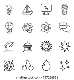 Thin line icon set : bulb, boat, monitor arrow, brain, atom, discussion, table lamp, goverment house, sun, disco ball, cherry, drop, shining