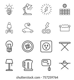 Thin line icon set : bulb, table lamp, lightning, sun power, hoverboard, electric car, infinity, electrostatic, cooler fan, socket, iron board, floor, kettle, mixer