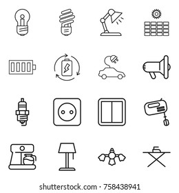 Thin line icon set : bulb, table lamp, sun power, battery, charge, electric car, megafon, spark plug, socket, switch, mixer, coffee maker, floor, hard reach place cleaning, iron board