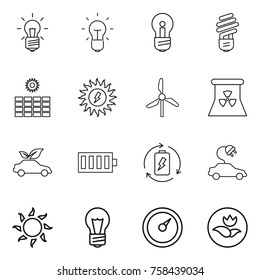 Thin line icon set : bulb, sun power, windmill, nuclear, eco car, battery, charge, electric, barometer, ecology