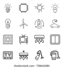 Thin line icon set : bulb, chip, windmill, battery charge, electric car, cpu, tv, air conditioning, power switch, vacuum cleaner