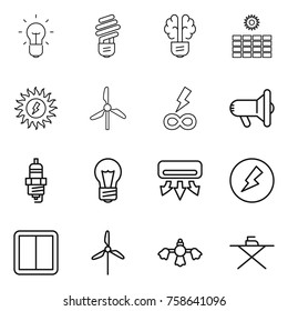Thin line icon set : bulb, brain, sun power, windmill, infinity, megafon, spark plug, air conditioning, electricity, switch, hard reach place cleaning, iron board