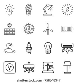 Thin line icon set : bulb, table lamp, lightning, sun power, windmill, battery, electric car, spark plug, air conditioning, socket, coffee maker, floor
