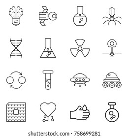 Thin line icon set : bulb brain, satellite, round flask, virus, dna, nuclear, laser, quantum bond, vial, ufo, lunar rover, cpu, cardio chip, acid, chemical