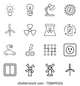 Thin line icon set : bulb, table lamp, sun power, windmill, nuclear, battery charge, electric car, infinity, chip, socket, switch