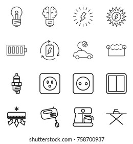 Thin line icon set : bulb, brain, lightning, sun power, battery, charge, electric car, electrostatic, spark plug, socket, switch, air conditioning, mixer, coffee maker, iron board