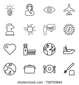 Thin line icon set : bulb, call center, eye, plane, chess horse, chip, presentation, sun power, heart, church, globe, sea shipping, earth, pan, fork spoon plate, toilet brush