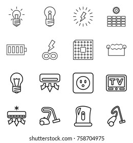 Thin line icon set : bulb, lightning, sun power, battery, infinity, cpu, electrostatic, air conditioning, socket, tv, vacuum cleaner, kettle