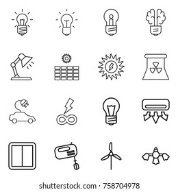 Thin line icon set : bulb, brain, table lamp, sun power, nuclear, electric car, infinity, air conditioning, switch, mixer, windmill, hard reach place cleaning
