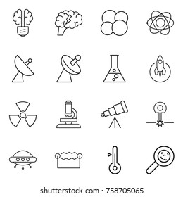 Thin line icon set : bulb brain, atom core, satellite antenna, flask, rocket, nuclear, microscope, telescope, laser, ufo, electrostatic, thermometer, viruses