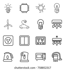 Thin line icon set : bulb, chip, windmill, electric car, air conditioning, power socket, switch, tv, kettle, microwave oven, vacuum cleaner