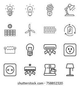 Thin line icon set : bulb, table lamp, sun power, windmill, battery, charge, electrostatic, air conditioning, socket, coffee maker, floor