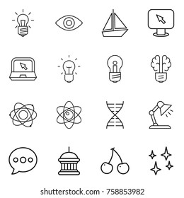 Thin line icon set : bulb, eye, boat, monitor arrow, notebook, brain, atom, dna, table lamp, balloon, goverment house, cherry, shining