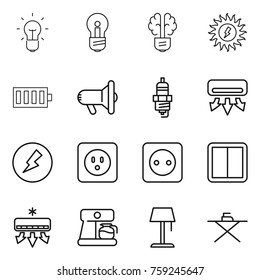 Thin line icon set : bulb, brain, sun power, battery, megafon, spark plug, air conditioning, electricity, socket, switch, coffee maker, floor lamp, iron board