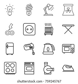 Thin line icon set : bulb, table lamp, nuclear power, infinity, socket, radiator, iron board, fridge, mixer, kettle, grill oven, hob, water pump