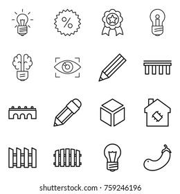 Thin line icon set : bulb, percent, medal, brain, eye identity, pencil, bridge, 3d, smart house, fence, eggplant