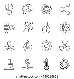 Thin line icon set : bulb brain, atom, molecule, satellite, antenna, round flask, virus, rocket, around, nuclear, microscope, laser, thermometer, microb