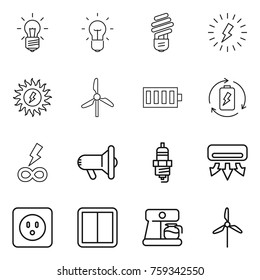 Thin line icon set : bulb, lightning, sun power, windmill, battery, charge, infinity, megafon, spark plug, air conditioning, socket, switch, coffee maker