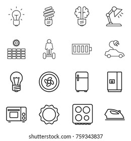 Thin line icon set : bulb, brain, table lamp, sun power, hoverboard, battery, electric car, cooler fan, fridge, grill oven, induction, hob, iron