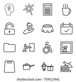 Thin line icon set : bulb head, bang, calculator, hot drink, unlock, real estate, stadium, terms, documents, courier delivery, invalid, flower in window, cutting board, saute pan, kitchen cleaning