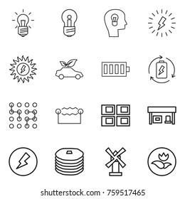 Thin line icon set : bulb, head, lightning, sun power, eco car, battery, charge, chip, electrostatic, panel house, gas station, electricity, pancakes, windmill, ecology