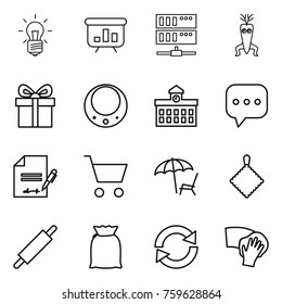 Thin line icon set : bulb, presentation, server, dna modify, gift, necklace, university, sms, inventory, cart, lounger, rag, rolling pin, flour, reload, wiping