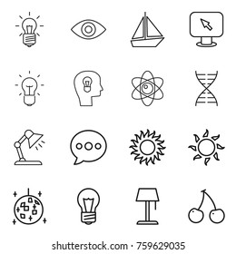 Thin line icon set : bulb, eye, boat, monitor arrow, head, atom, dna, table lamp, balloon, sun, disco ball, floor, cherry