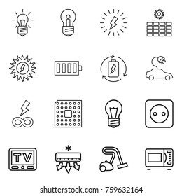 Thin line icon set : bulb, lightning, sun power, battery, charge, electric car, infinity, cpu, socket, tv, air conditioning, vacuum cleaner, microwave oven