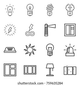 Thin line icon set : bulb, brain, lightning, infinity power, lighthouse, window, taxi, sun, alarm, floor lamp, clean