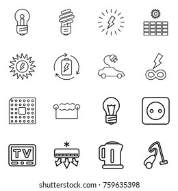 Thin line icon set : bulb, lightning, sun power, battery charge, electric car, infinity, cpu, electrostatic, socket, tv, air conditioning, kettle, vacuum cleaner