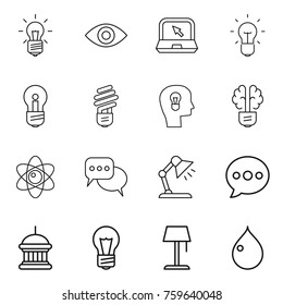 Thin line icon set : bulb, eye, notebook, head, brain, atom, discussion, table lamp, balloon, goverment house, floor, drop