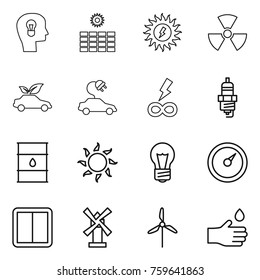 Thin line icon set : bulb head, sun power, nuclear, eco car, electric, infinity, spark plug, barrel, barometer, switch, windmill, hand drop