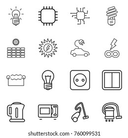 Thin line icon set : bulb, chip, sun power, electric car, infinity, electrostatic, socket, switch, kettle, microwave oven, vacuum cleaner