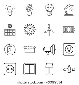 Thin line icon set : bulb, brain, table lamp, sun power, windmill, battery, charge, electrostatic, megafon, socket, switch, floor, hard reach place cleaning