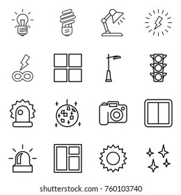 Thin line icon set : bulb, table lamp, lightning, infinity power, window, outdoor light, traffic, alarm, disco ball, camera, switch, sun, shining