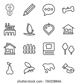 Thin line icon set : bulb brain, pencil, balloon, bone, factory, windsurfing, heart pendant, home, fence, cooking book, trees, pear, wasp, spot, wiping