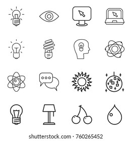 Thin line icon set : bulb, eye, monitor arrow, notebook, head, atom, discussion, sun, disco ball, floor lamp, cherry, drop
