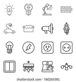 Thin line icon set : bulb, brain, table lamp, battery, electric car, electrostatic, megafon, spark plug, electricity, power socket, switch, air conditioning, coffee maker, hard reach place cleaning