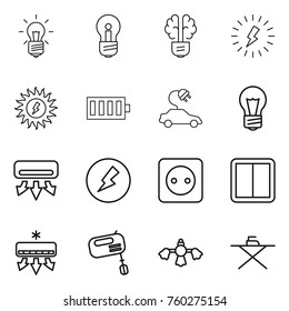 Thin line icon set : bulb, brain, lightning, sun power, battery, electric car, air conditioning, electricity, socket, switch, mixer, hard reach place cleaning, iron board
