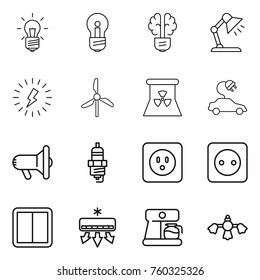 Thin line icon set : bulb, brain, table lamp, lightning, windmill, nuclear power, electric car, megafon, spark plug, socket, switch, air conditioning, coffee maker, hard reach place cleaning