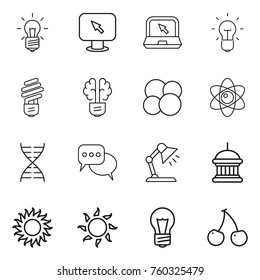 Thin line icon set : bulb, monitor arrow, notebook, brain, atom core, dna, discussion, table lamp, goverment house, sun, cherry