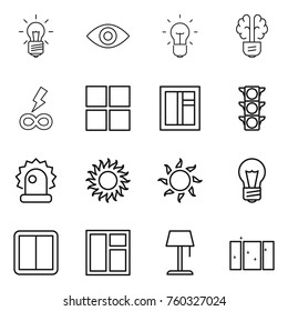 Thin line icon set : bulb, eye, brain, infinity power, window, traffic light, alarm, sun, switch, floor lamp, clean