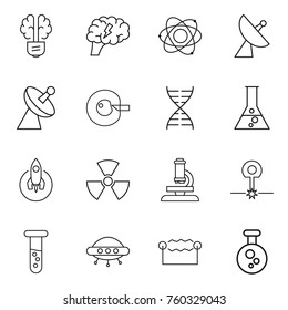 Thin line icon set : bulb brain, atom, satellite antenna, cell corection, dna, flask, rocket, nuclear, microscope, laser, vial, ufo, electrostatic, chemical