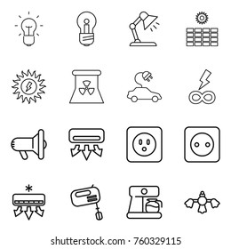 Thin line icon set : bulb, table lamp, sun power, nuclear, electric car, infinity, megafon, air conditioning, socket, mixer, coffee maker, hard reach place cleaning