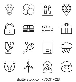 Thin line icon set : bulb brain, atom core, wc, dollar pin, unlock, money, car shipping, hi quality package, broken, tennis, kitchen scales, rain cloud, pig, windmill, garbage bag, soap